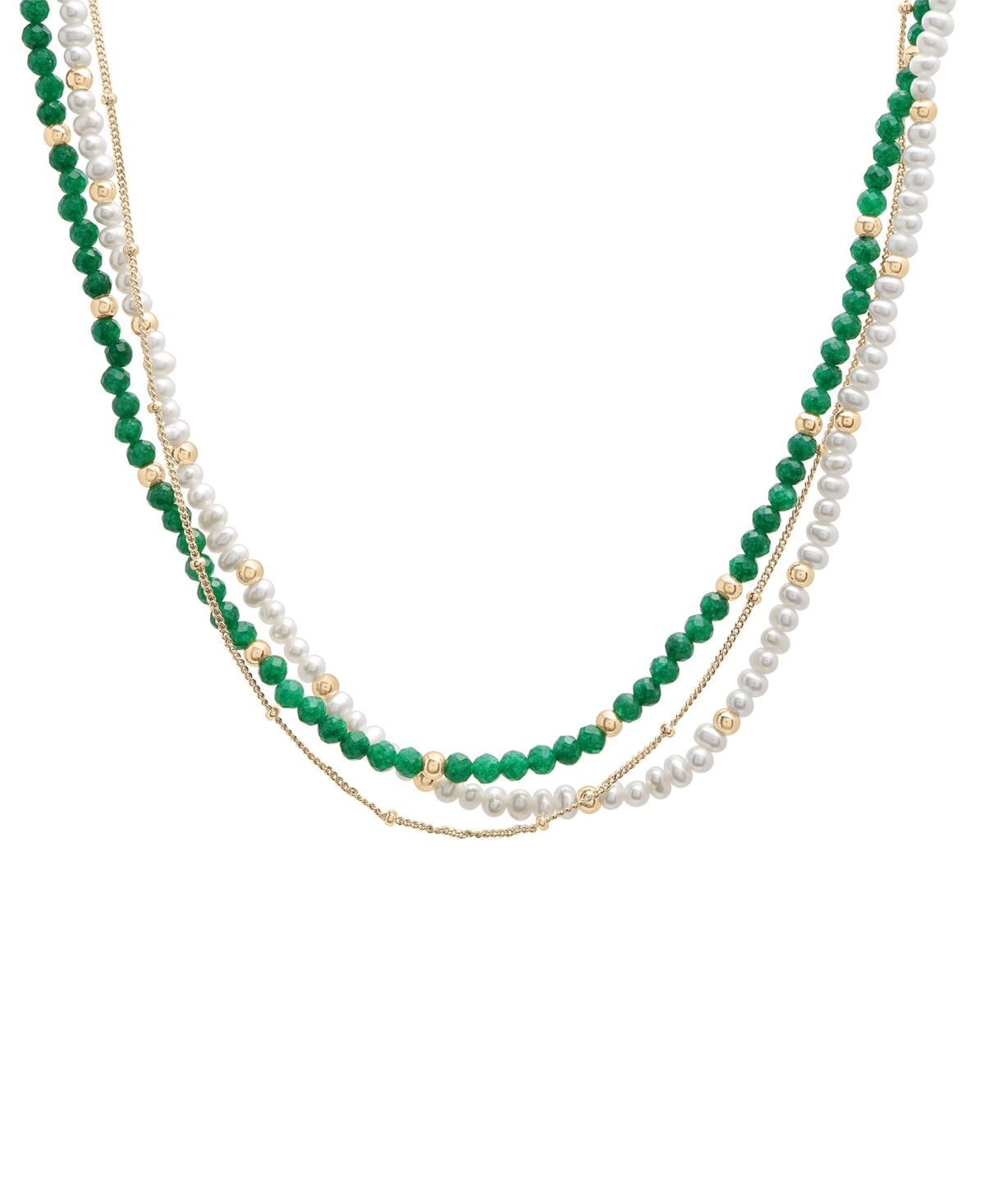 Macy's Cultured Freshwater Pearl (3 - 3-1/2mm), Jade, & Beaded Chain Triple Strand Layered Necklace in 14k Gold-Plated Sterling Silver, 16-1/4 + 1