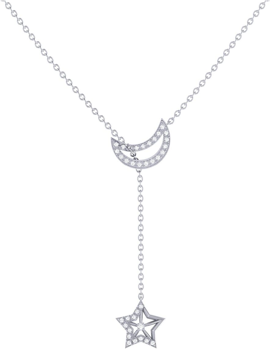 LuvMyJewelry Shooting Star Moon Crescent Design Sterling Silver Diamond Women Necklace - White