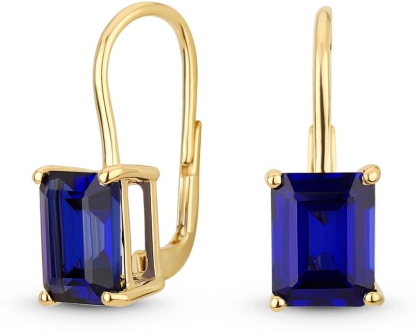 Bling Jewelry Traditional 4.50 Ctw Gemstone Emerald Cut Drop Earrings For Women Hinge Lever Back Yellow Gold Plated .925 Sterling Silver - Dark blue