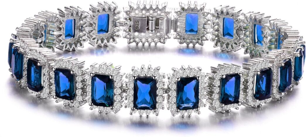 Rachel Glauber White Gold Plated with Blue Sapphire & Cubic Zirconia Rectangular Halo Cluster Link Vintage like Tennis Bracelet - Blue