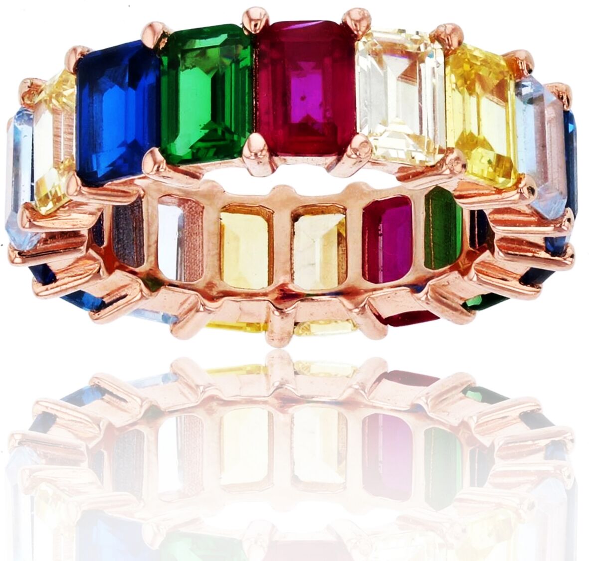 Macy's Rainbow Colored Emerald Cut Cubic Zirconia Eternity Band in 14k Rose Gold Plated Sterling Silver - Rainbow