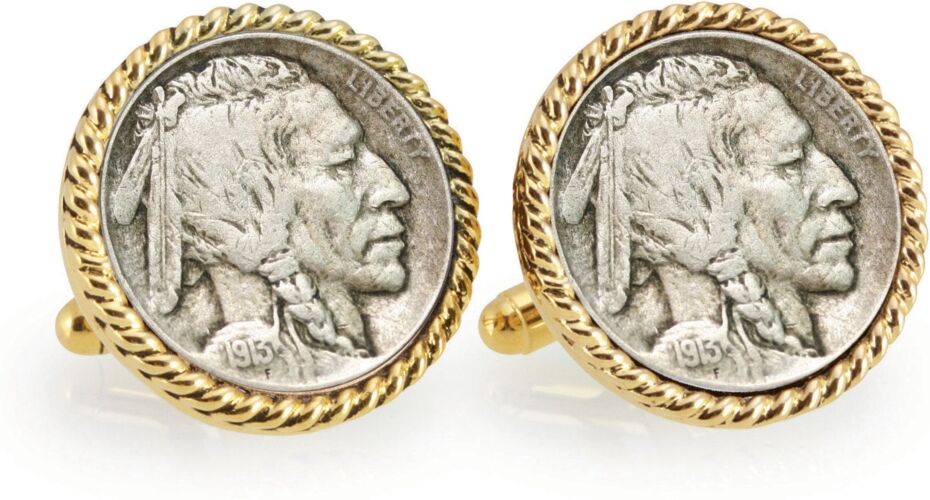 American Coin Treasures 1913 First-Year-Of-Issue Buffalo Nickel Rope Bezel Coin Cuff Links - Gold