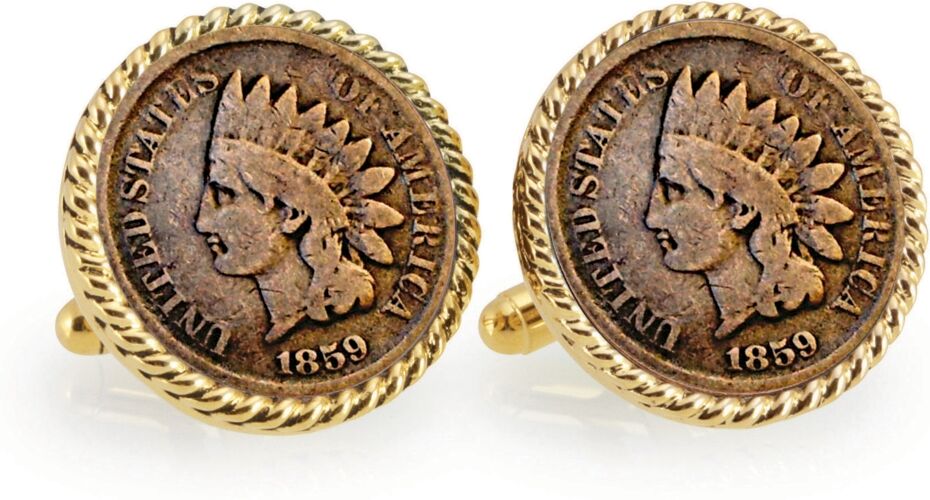 American Coin Treasures 1859 First-Year-Of-Issue Indian Head Penny Rope Bezel Coin Cuff Links - Gold