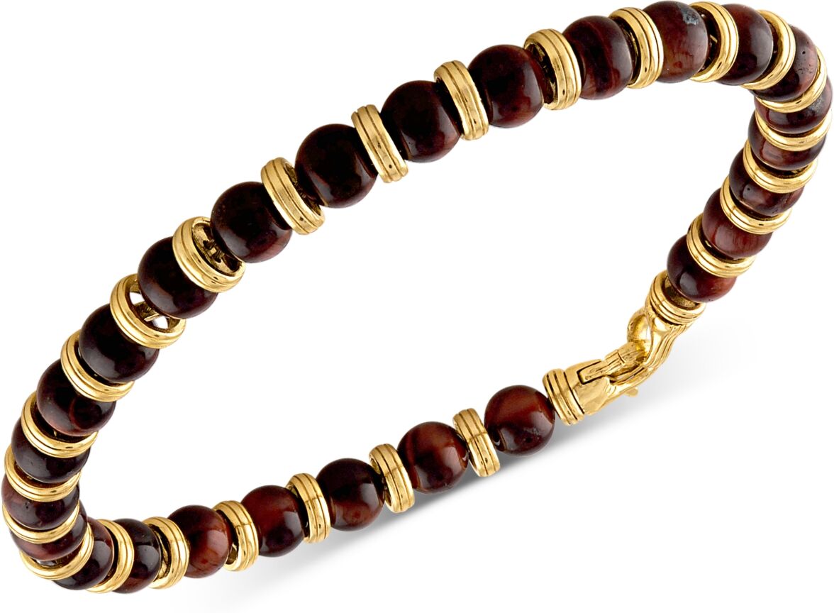 Esquire Men's Jewelry Red Tiger Eye Bead Bracelet in 14k Gold-Plated Sterling Silver, Created for Macy's - Gold Over Silver