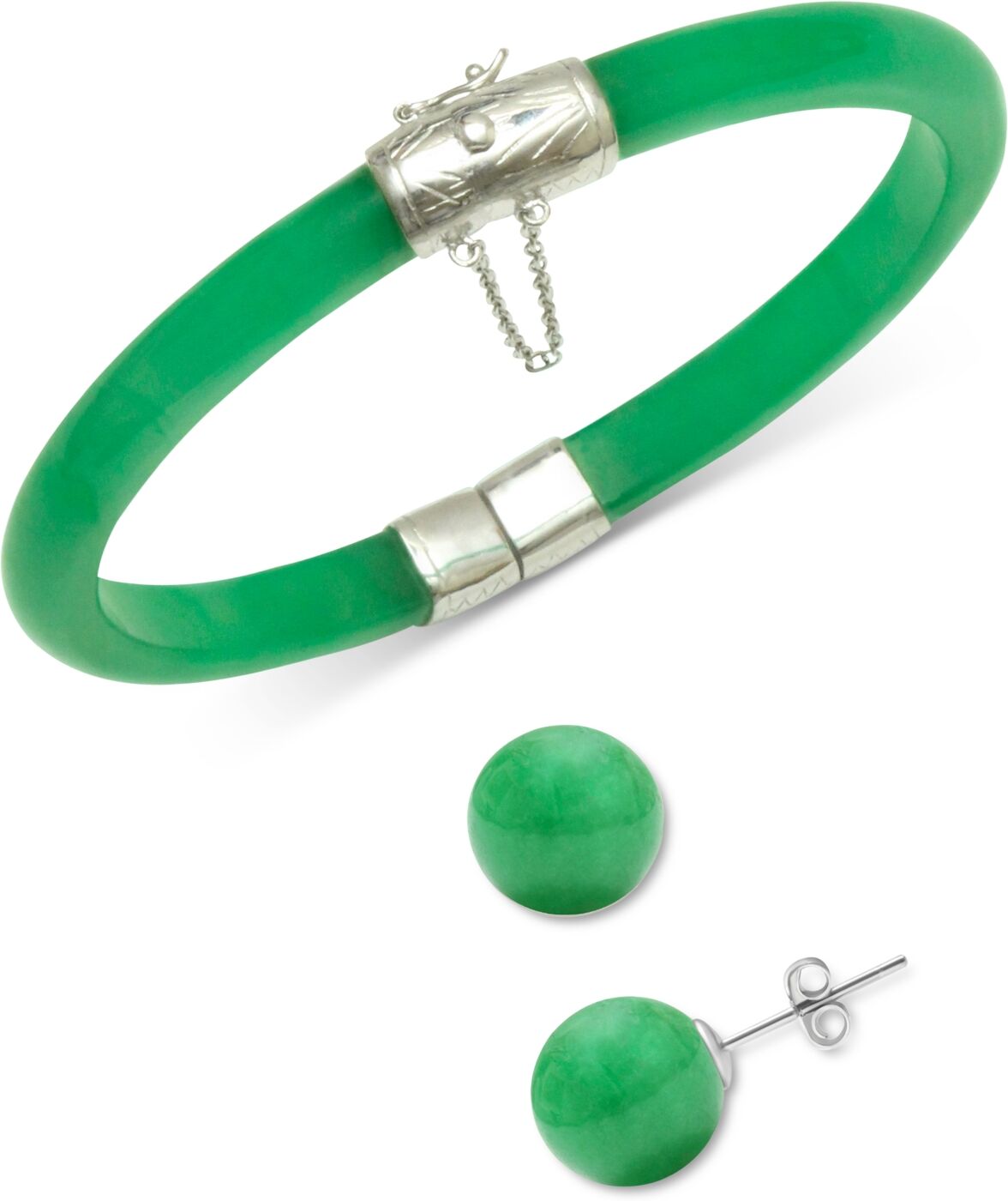 Macy's 2-Pc. Set Dyed Green Jade (6mm) Bangle Bracelet & Green Jade (10mm) Stud Earrings in Sterling Silver - Jade