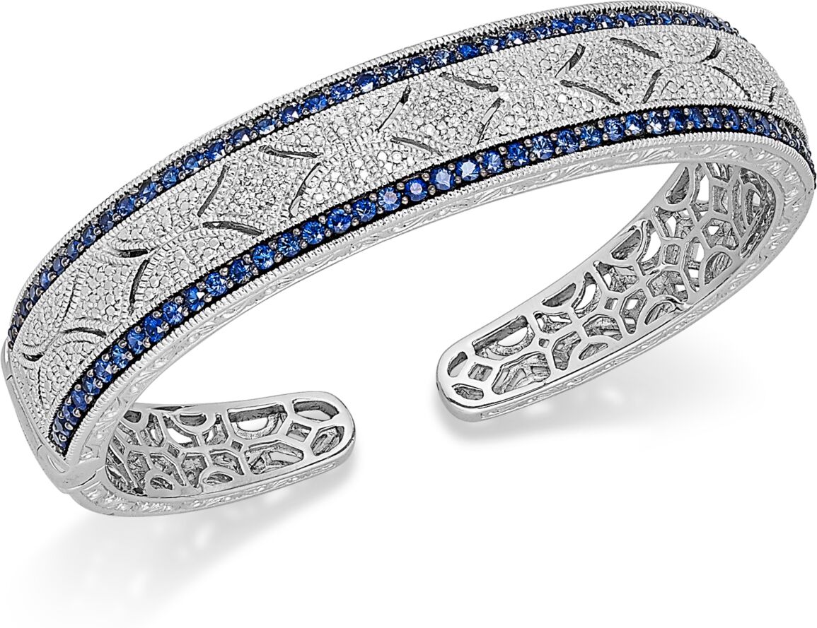 Macy's Sapphire (2-3/8 ct. t.w.) and Diamond (1/10 ct. t.w.) Antique Cuff Bracelet in Sterling Silver (Also available in Emerald and Ruby) - Sapphire