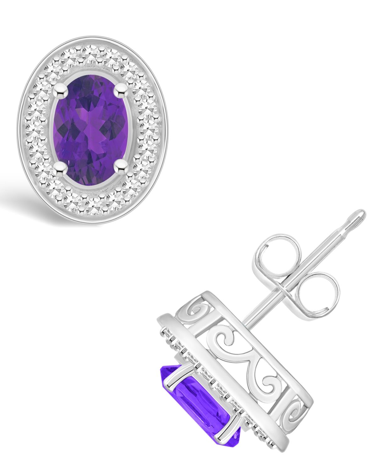 Macy's Amethyst (9/10 ct. t.w.) and Diamond (1/5 ct. t.w.) Halo Studs in Sterling Silver - Amethyst