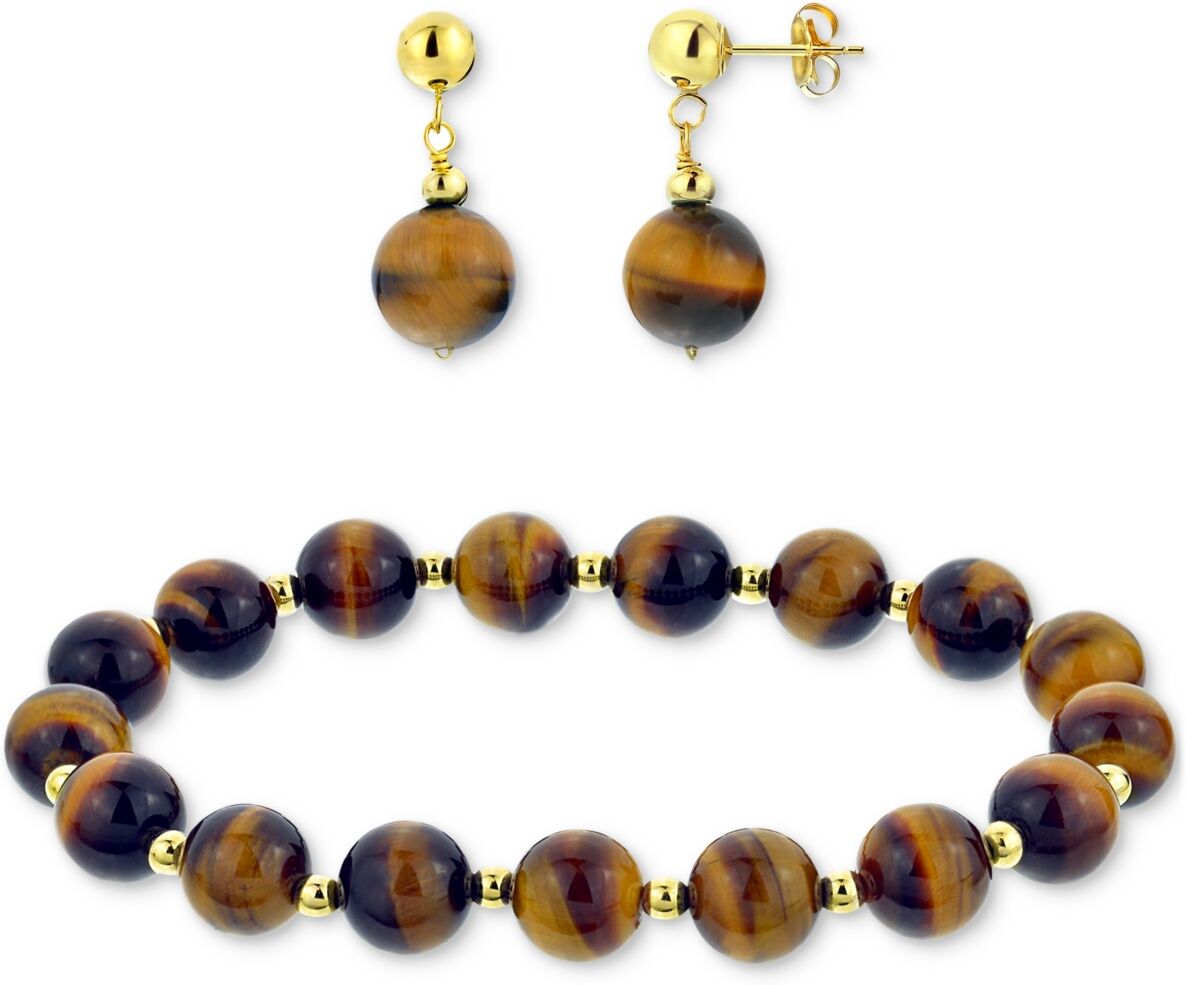 Macy's 2-Pc. Set Jade Bead Bracelet & Matching Drop Earrings in 14k Gold (Also in Onyx, Tiger Eye, Turquoise, Lapis Lazuli, & Rose Quartz) - Tiger Eye