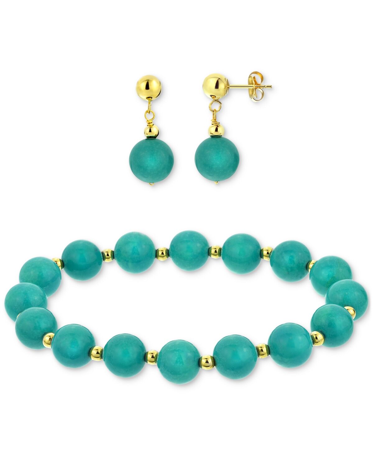Macy's 2-Pc. Set Jade Bead Bracelet & Matching Drop Earrings in 14k Gold (Also in Onyx, Tiger Eye, Turquoise, Lapis Lazuli, & Rose Quartz) - Turquoise