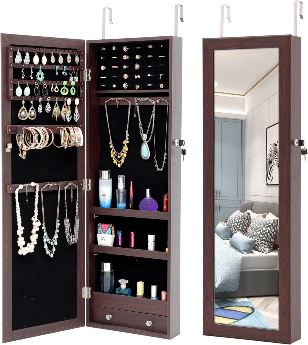 Simplie Fun Fashion Simple Jewelry Storage Mirror Cabinet Can Be Hung On The Door Or Wall - Brown