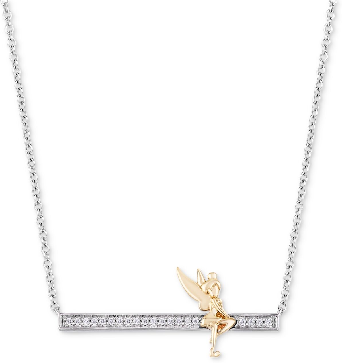 Disney Enchanted Disney Fine Jewelry Diamond Tinker Bell Bar Pendant Necklace (1/10 ct. t.w.) in Sterling Silver & Gold-Plate, 16