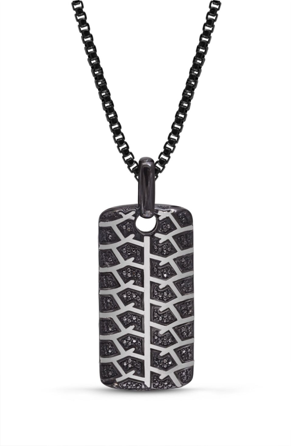 LuvMyJewelry Sterling Silver Black Diamond Born Drifter Design Rhodium Plated Tire Tread Tag Chain