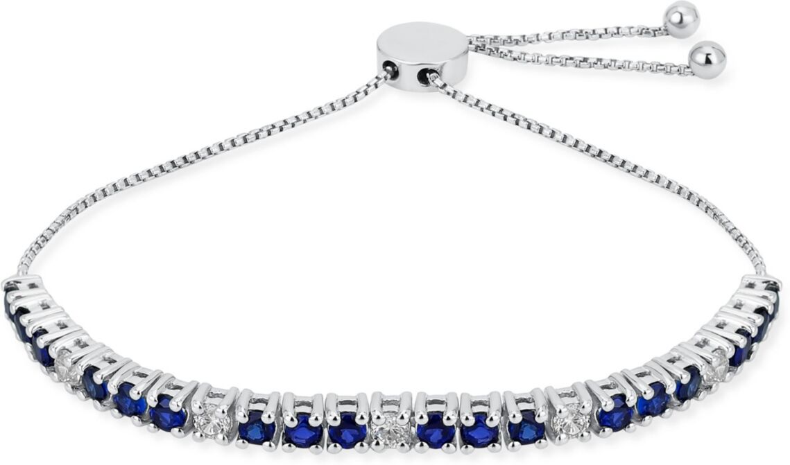 Bling Jewelry Gemstones 2.2 Ctw White Zircon Alternating Created Blue Sapphire Bolo Tennis Bracelet for Women Adjustable 7-8 Inch .925 Sterling Silver - Blue