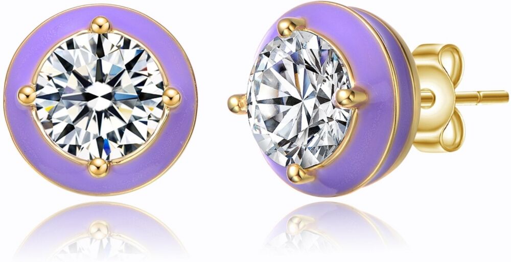 GiGiGirl Young Adults/Teens 14k Yellow Gold Plated with Cubic Zirconia Purple Enamel Round Halo Stud Earrings - Purple