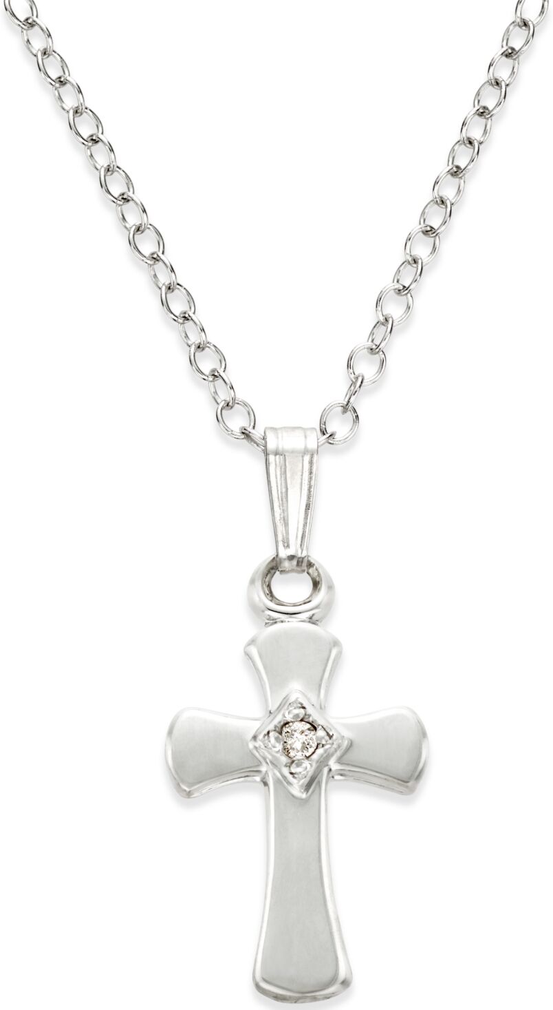 Macy's Children's Diamond Accent Cross Pendant Necklace in Sterling Silver