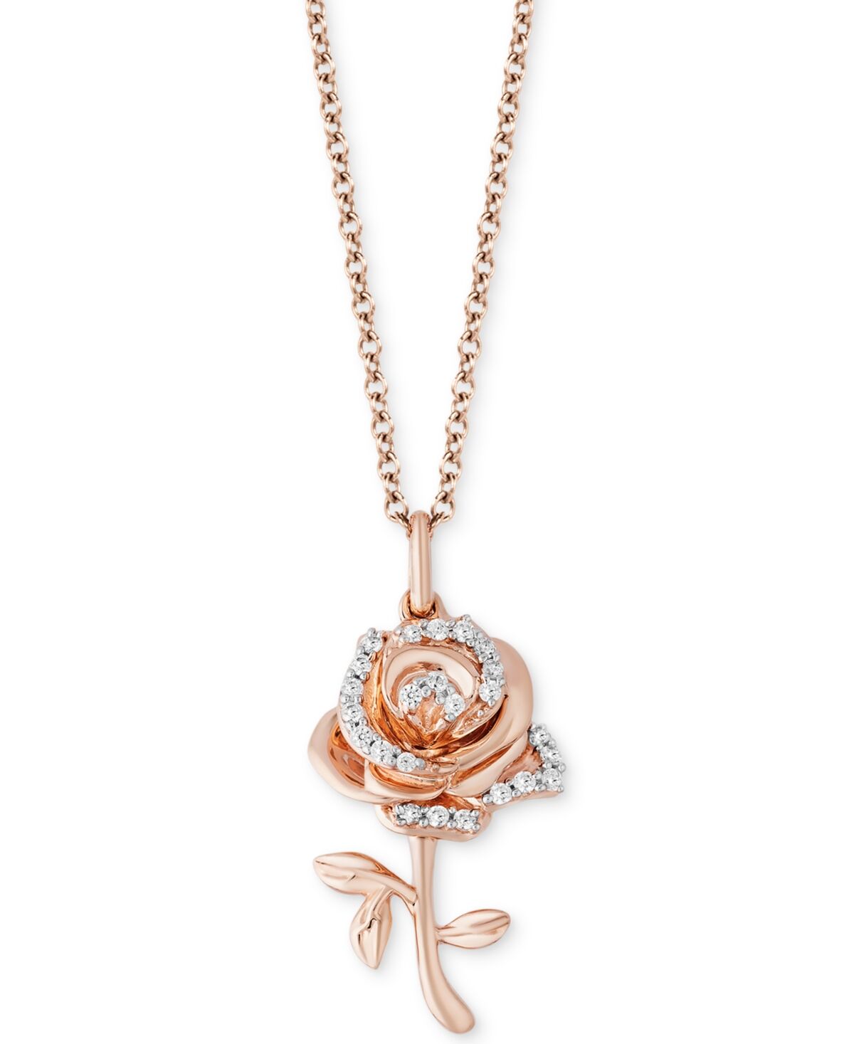 Disney Enchanted Disney Diamond Rose Belle Pendant Necklace (1/10 ct. t.w.) in 14k Rose Gold, 16