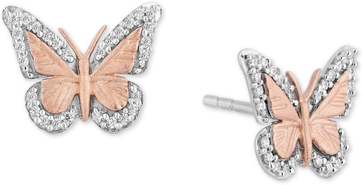 Disney Enchanted Disney Fine Jewelry Diamond Butterfly Stud Earrings (1/7 ct. t.w.) in Sterling Silver & 14k Rose Gold - Rose Gold/ Sterling Silver