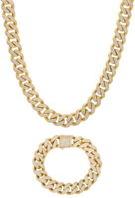 Macy's Mens Cubic Zirconia Curb Link Chain Necklace Bracelet In 24k Gold Plated Sterling Silver