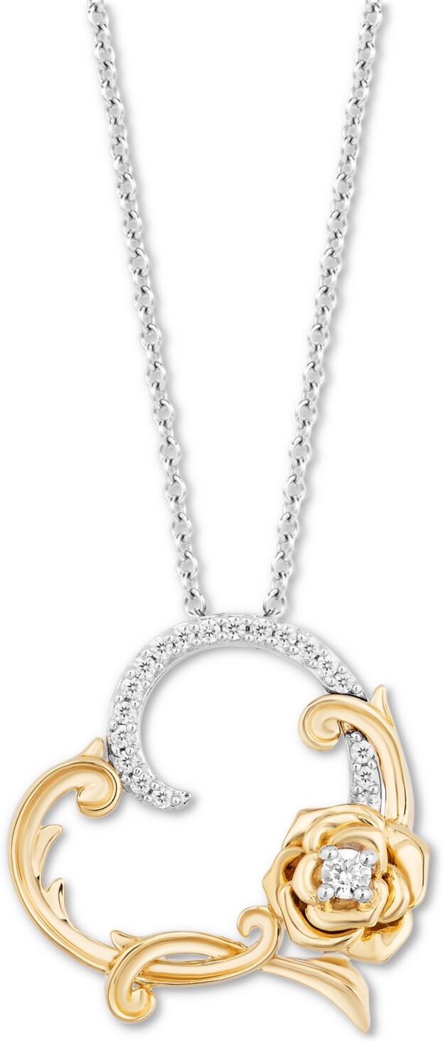 Disney Enchanted Disney Fine Jewelry Diamond Rose & Heart Belle Pendant Necklace (1/10 ct. t.w.) in Sterling Silver & 14k Gold, 16