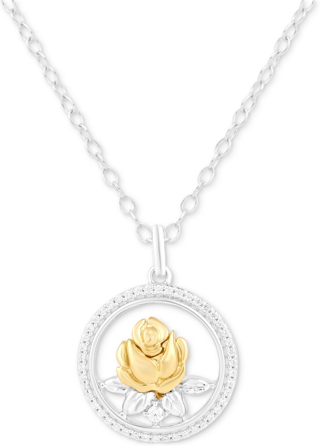 Disney Enchanted Disney Fine Jewelry Diamond Belle Rose Circle Pendant Necklace (1/6 ct. t.w.) in Sterling Silver & 14k Gold-Plate, 16