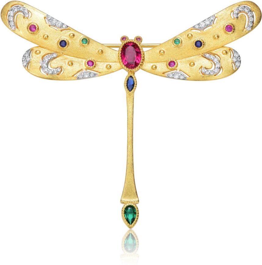 Rachel Glauber Rhodium and 14K Gold Plated Ruby Genuine Stone Floral Pin - Gold