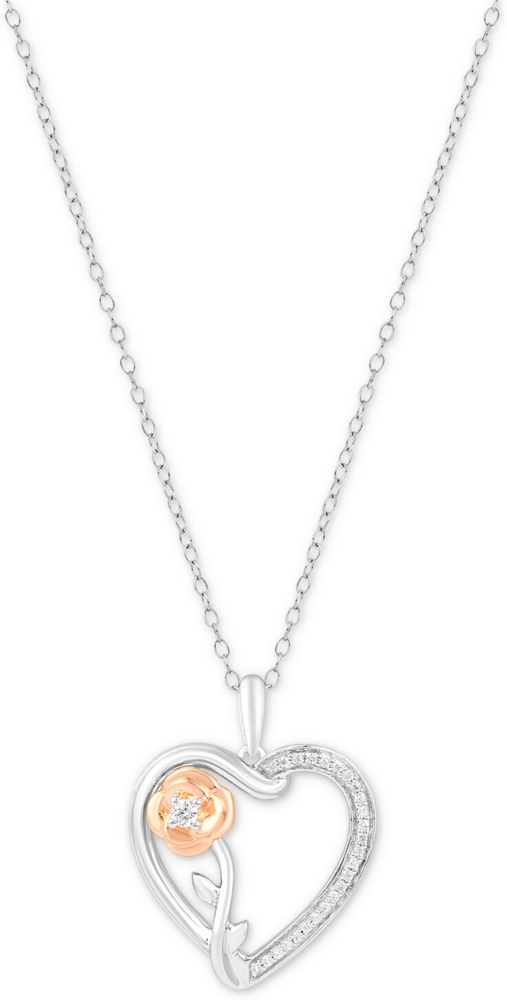 Disney Enchanted Disney Fine Jewelry Diamond Belle Rose & Heart Pendant Necklace (1/10 ct. t.w.) in Sterling Silver & 14k Rose Gold-Plate - Two-Tone