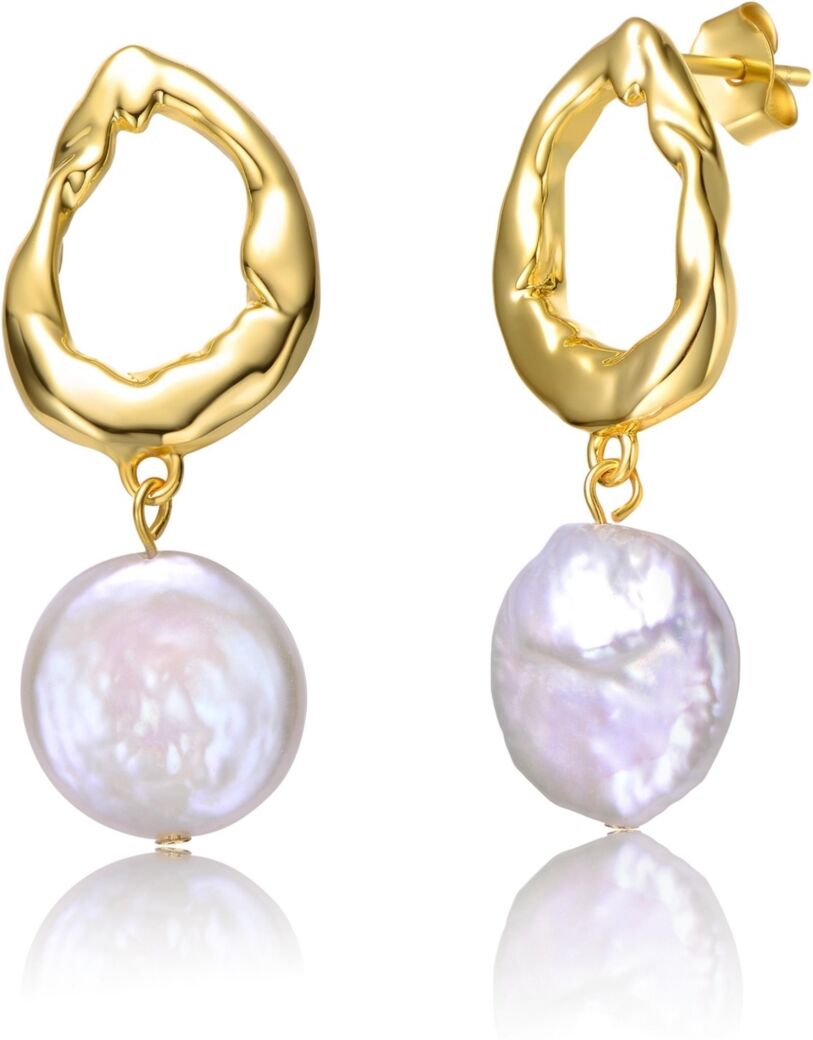 Genevive Sterling Silver 14k Yellow Gold Plated with White Coin Freshwater Pearl Twisted Halo Circle Dangle Drop Earrings - Gold