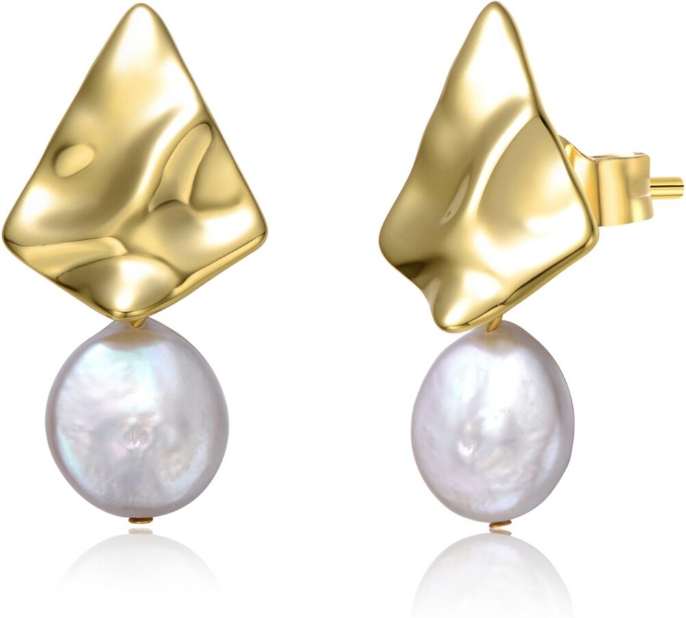 Genevive Sterling Silver 14k Yellow Gold Plated with White Coin Freshwater Pearl Drop Geometric Rippled 3D Double Dangle Earrings - Gold