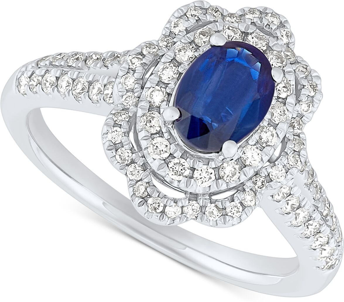 Macy's Sapphire (7/8 ct. t.w.) & Diamond (1/2 ct. t.w.) Halo Engagement Ring in 14k White Gold - Sapphire