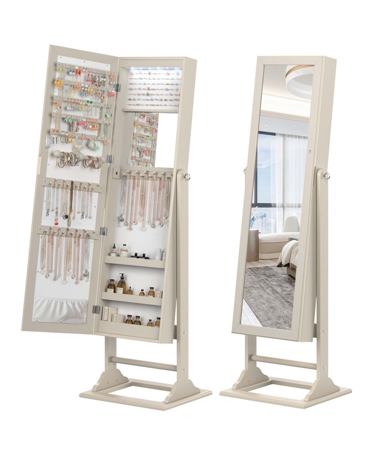 Costway Jewelry Cabinet Full-Length Mirror Lockable Jewelry Armoire with 6 Lights - Beige/khaki
