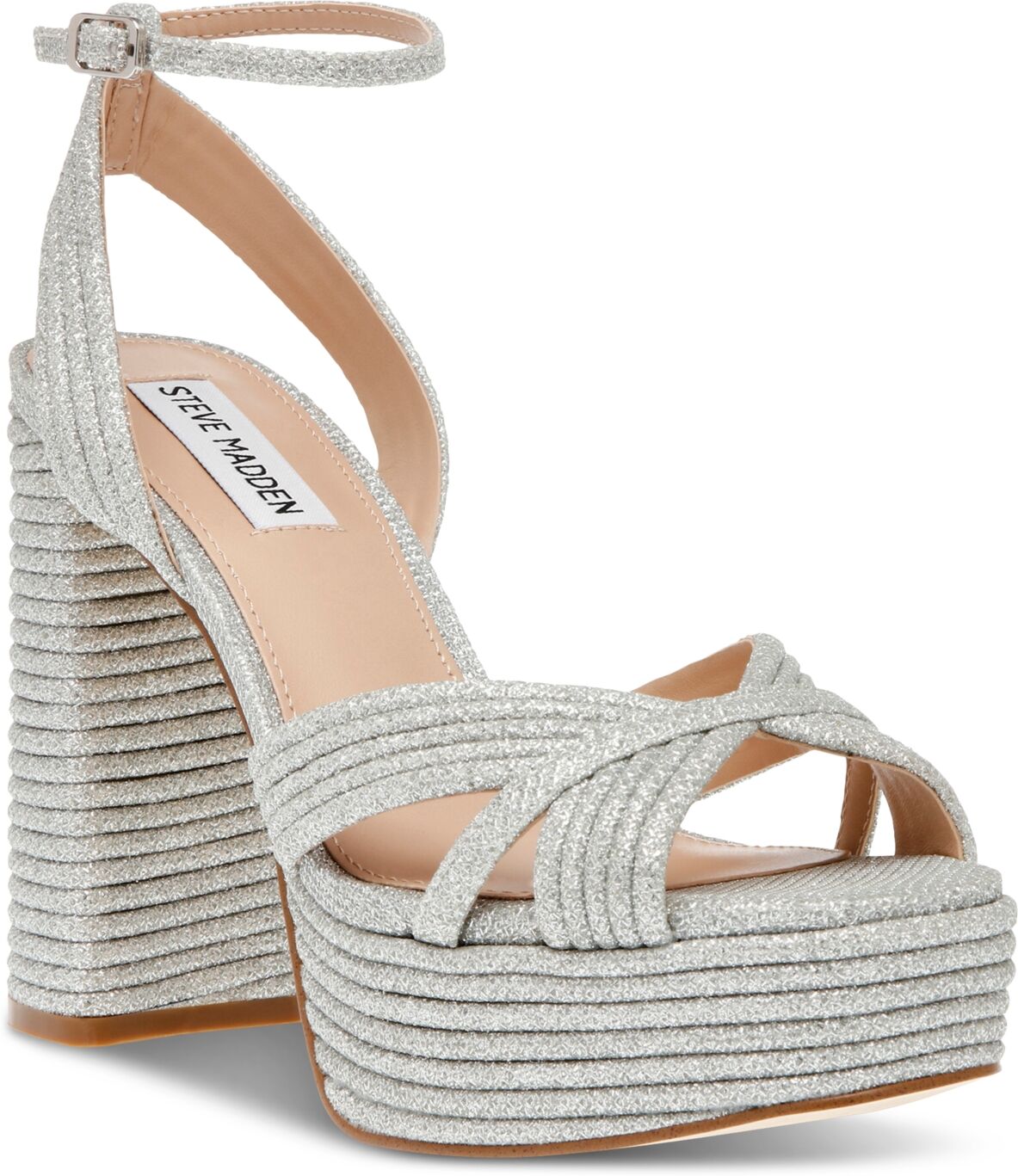 Steve Madden Women's Laurel Two-Piece Ankle Strap Platform Dress Sandals - Silver Metallic Mesh