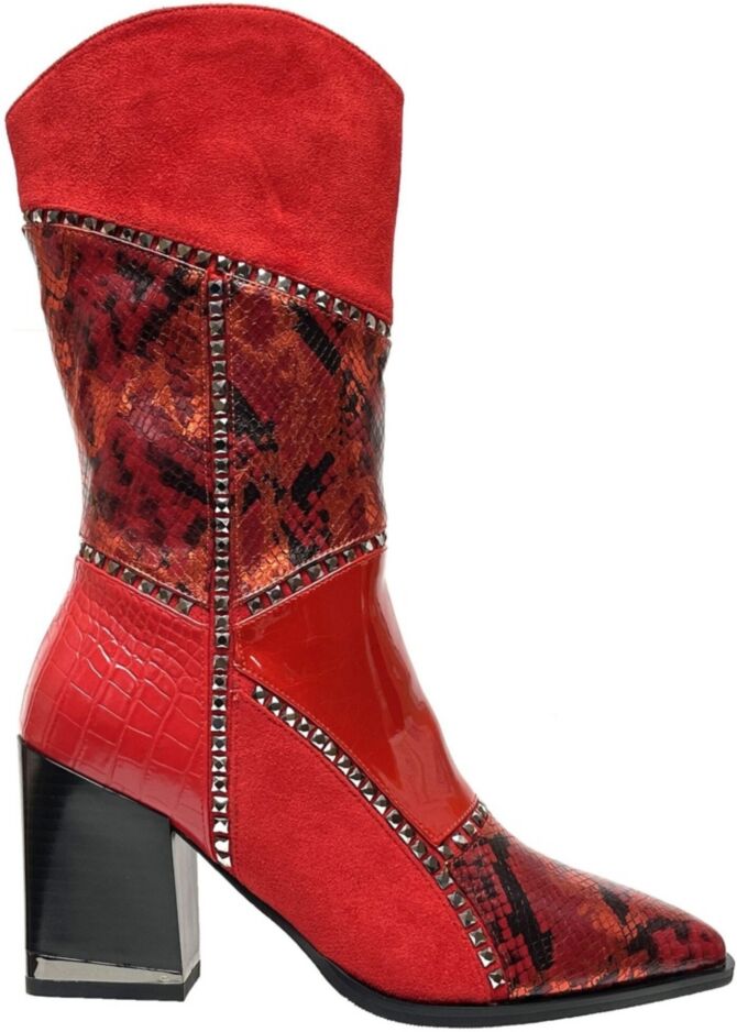 Ninety Union Women's Patchwork, Multi Fabric Boot on a Block Heel - Red