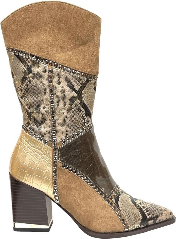 Ninety Union Women's Patchwork, Multi Fabric Boot on a Block Heel - Taupe