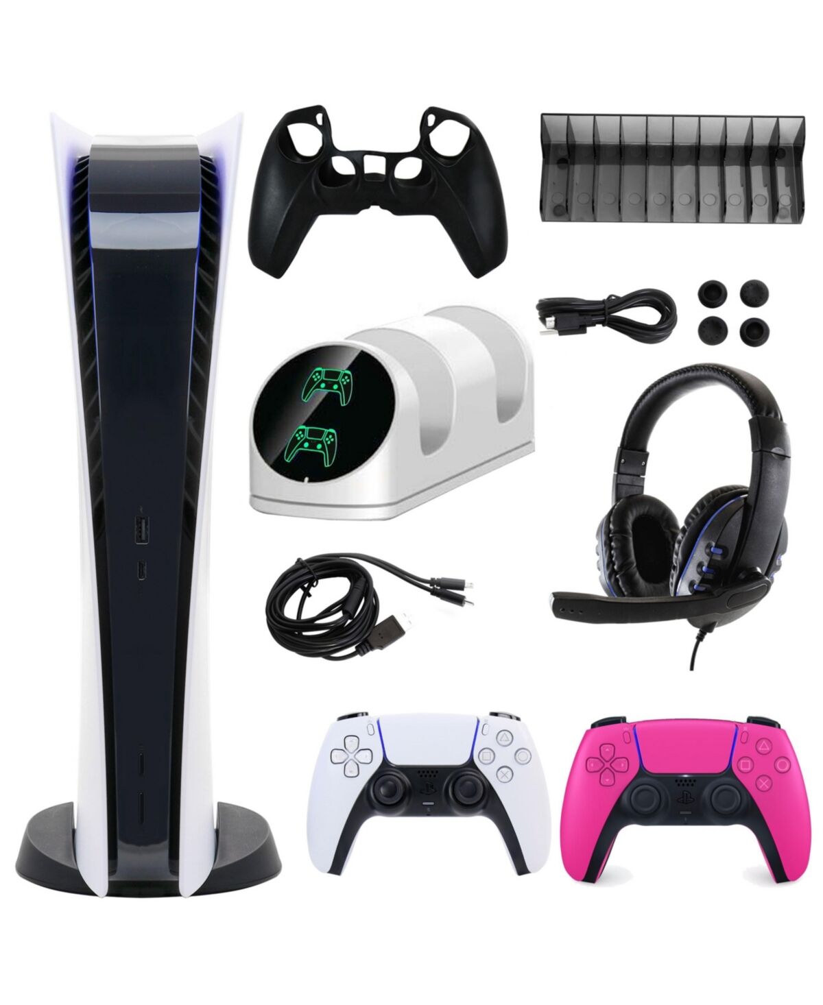 Playstation PS5 Digital Console with Extra Pink Dualsense Controller and Accessories Kit - Open White