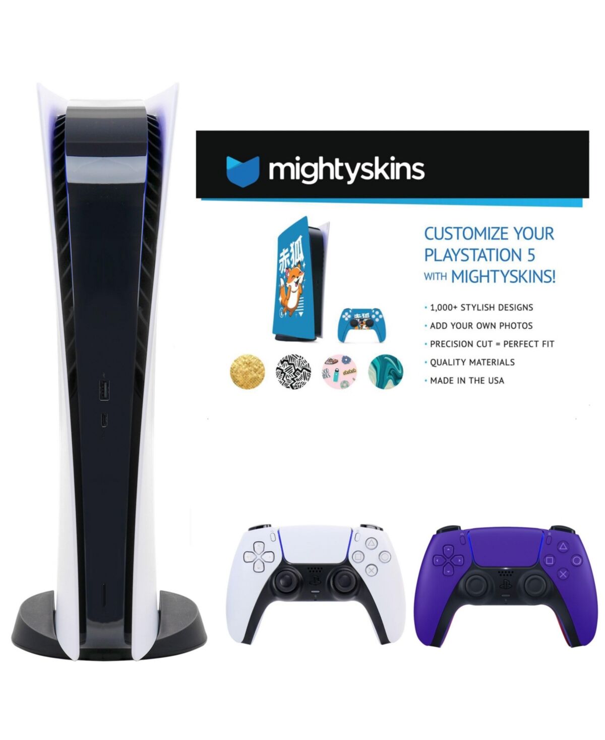 Playstation PS5 Digital Console with Extra Purple Dualsense Controller and Skins Voucher - Open White
