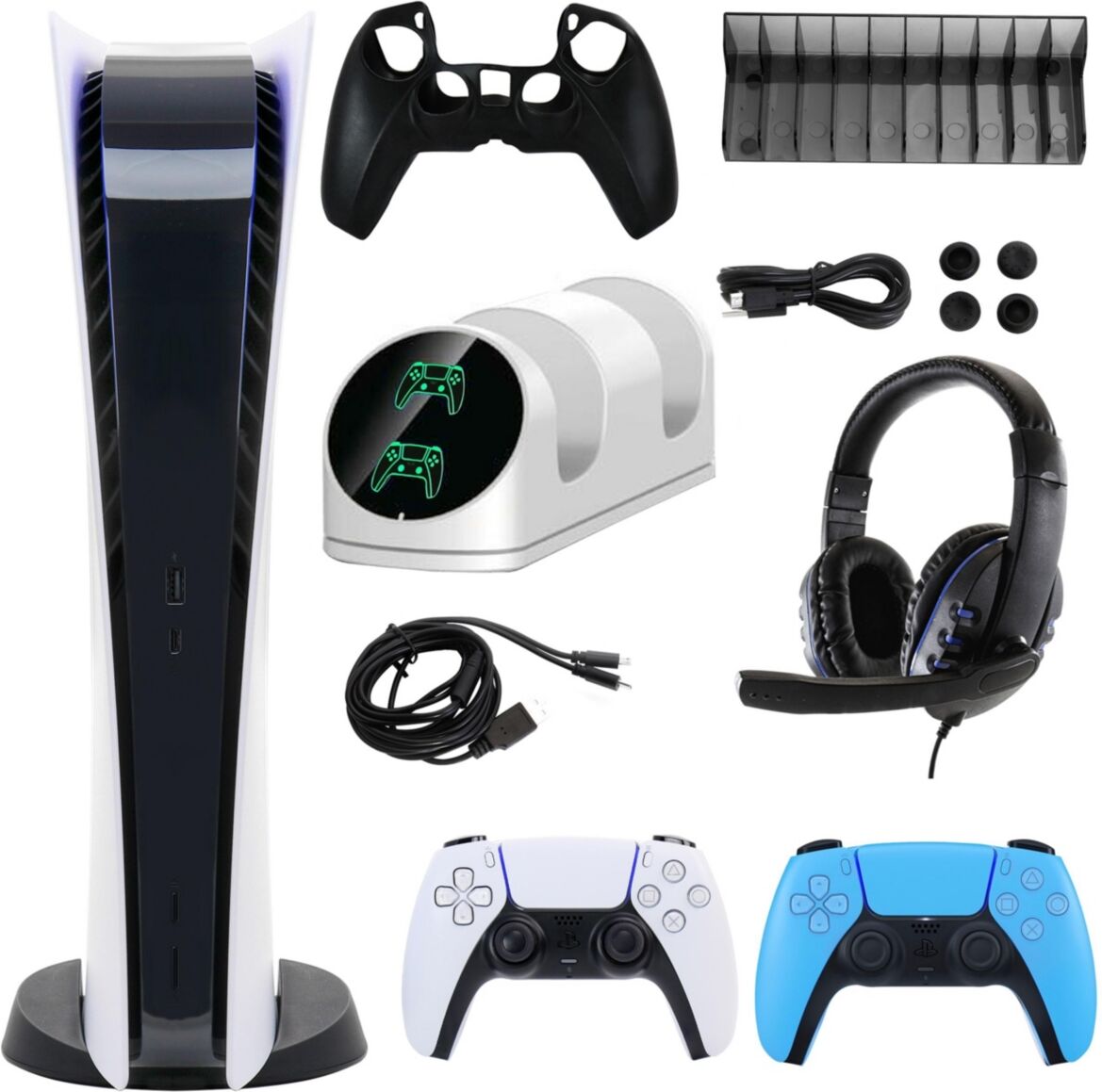 Playstation PS5 Digital Console w/ Extra Dualsense Controller & Accessories Kit - Open White