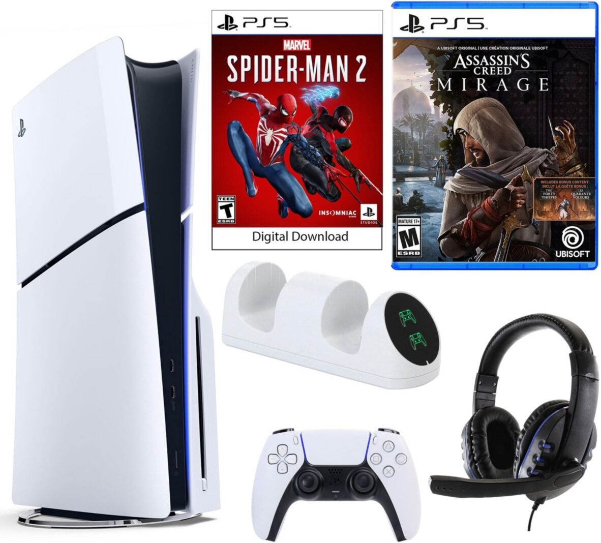 Playstation PS5 Spider Man 2 Console with Mirage, Headset and Dual Charging Dock - White