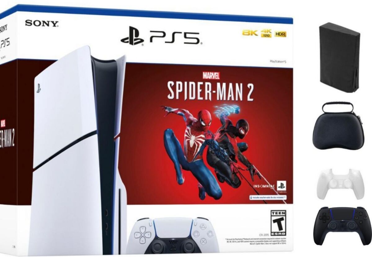 Sony - PlayStation 5 Console Slim - Marvel's Spider-Man 2 Bundle With Extra Black Controller and Accessories - White