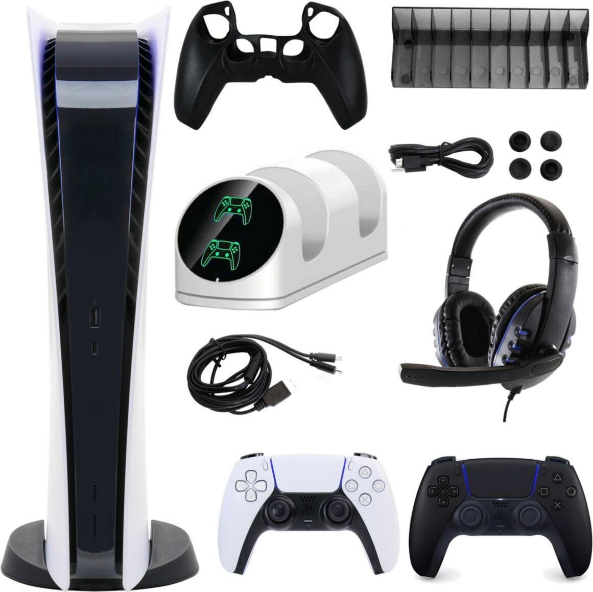 Playstation PS5 Digital Console w/ Extra Dualsense Controller & Accessories Kit - Open White