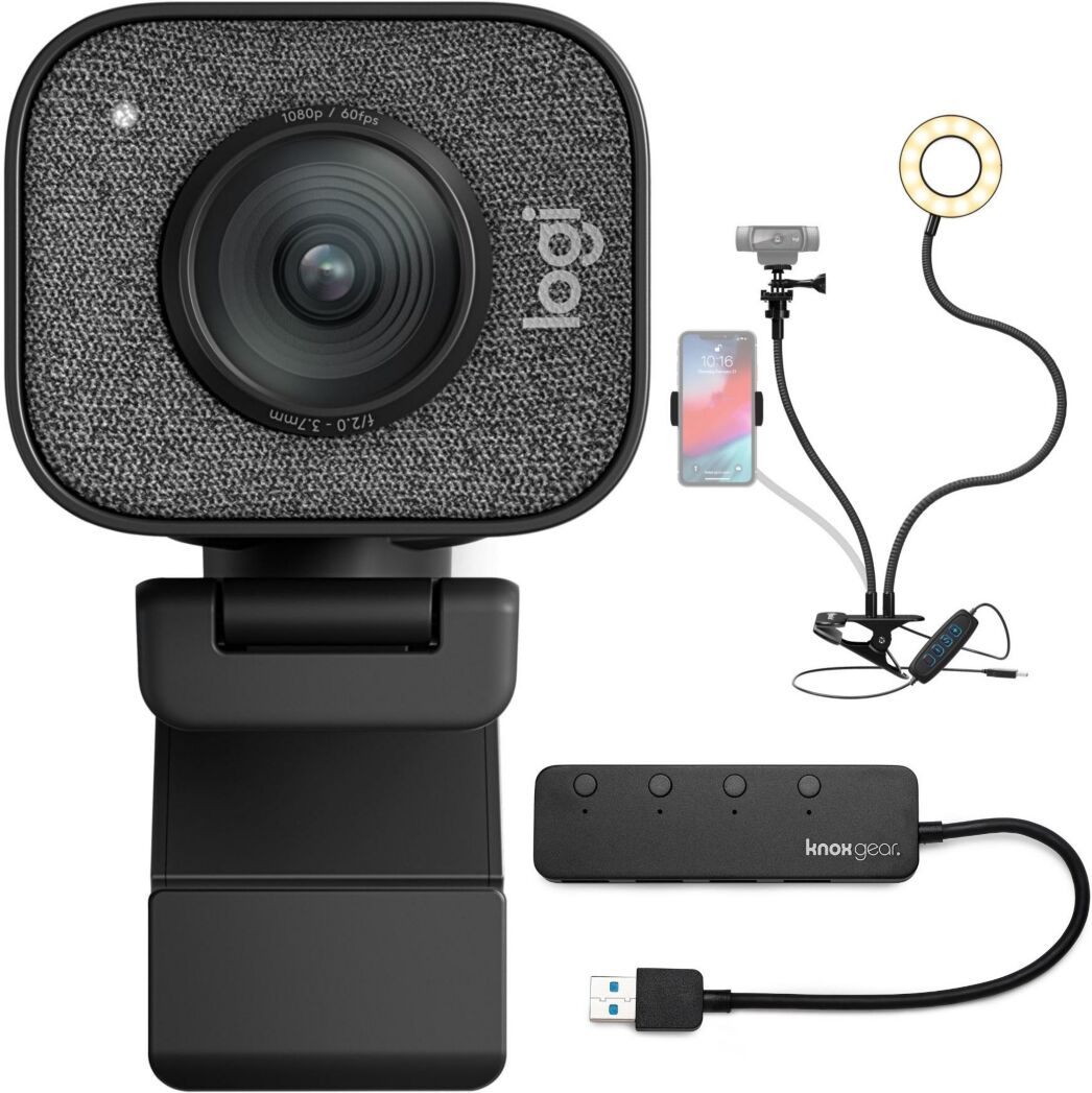 Logitech Streamcam Plus Webcam With Tripod, Usb Hub, And Ring Light - Black