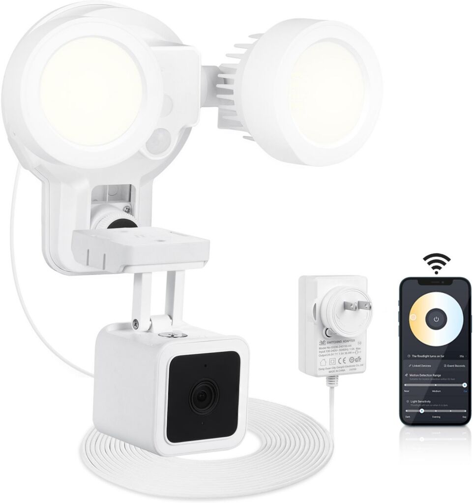 Wasserstein 3-in-1 Plugged-In Smart Floodlight, Charger, and Mount Compatible with Wyze Cam V3, 1500 Lumens - Motion Sensor, and Timer Control (Wyze C