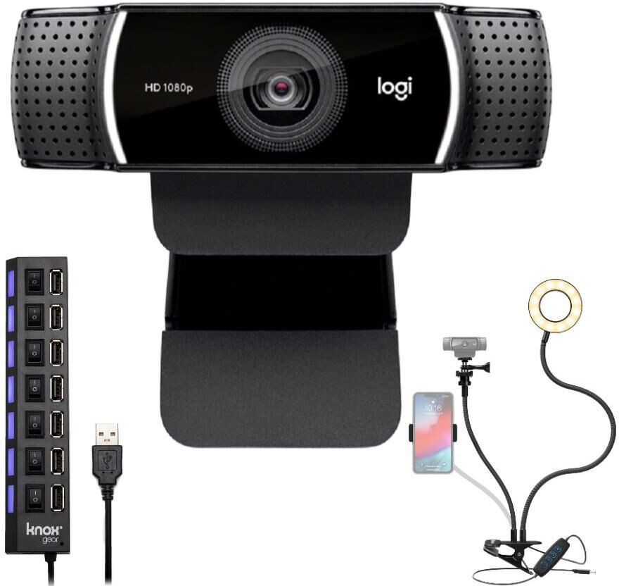 Logitech C922 Pro Stream Webcam 1080P Camera With Usb Hub And Selfie Ring Light - Black