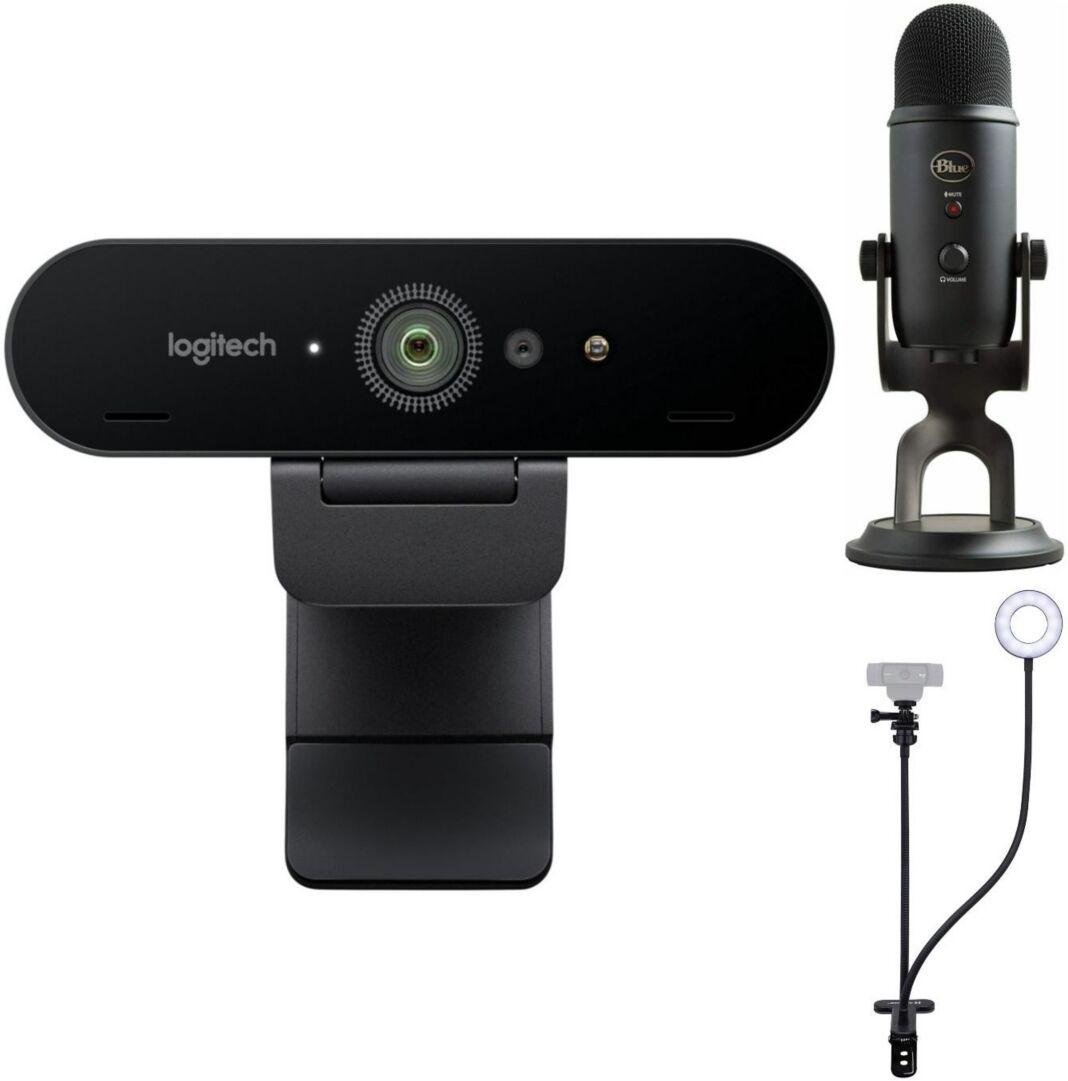 Logitech 4K Pro Webcam, Blue Microphones Yeti Blackout, Ring Light, Webcam Stand - Black