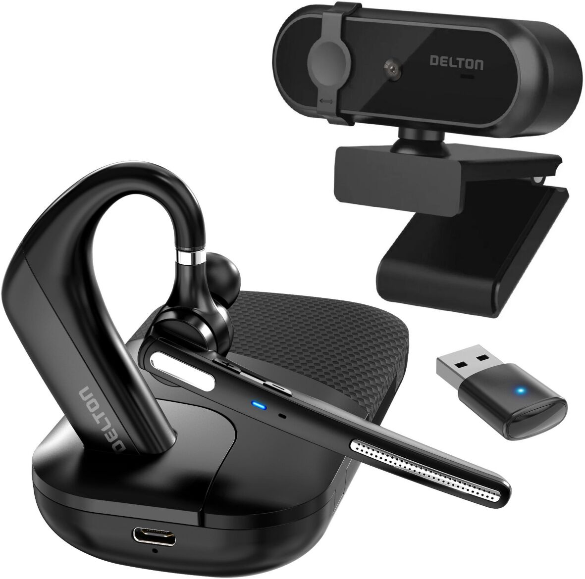 Delton 90X Ultralight Executive Computer Headset w/ Auto Pairing Usb Dongle and Charging/Carrying Case and 1080p Webcam - Black