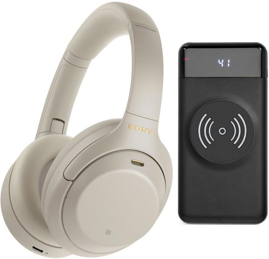 Sony Wh-1000XM4 Wireless Noise Canceling Over-Ear Headphones (Silver) Bundle - White