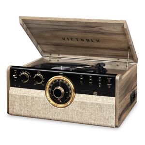 Victrola 6-in-1 Wood Empire Mid Century Modern Bluetooth Record Player with 3-Speed Turntable, Cd, Cassette Player and Radio - Farmhouse Walnut