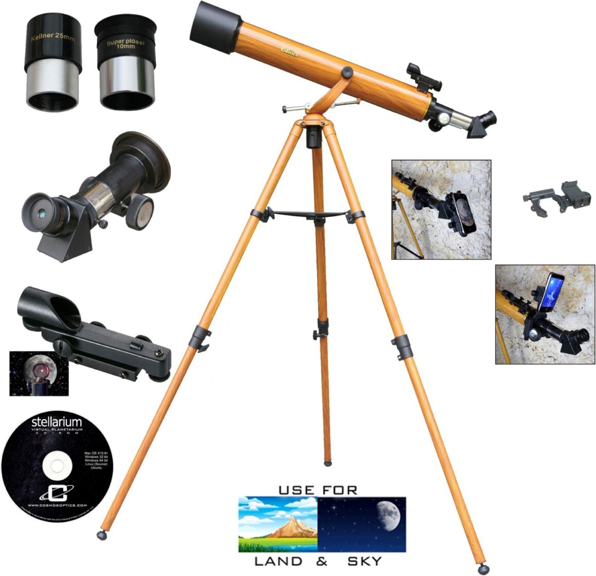 Cosmo Brands Cassini 800mm X 60mm Wood Grain Telescope and Smartphone Adapter and Slow Motion Rod - Multi