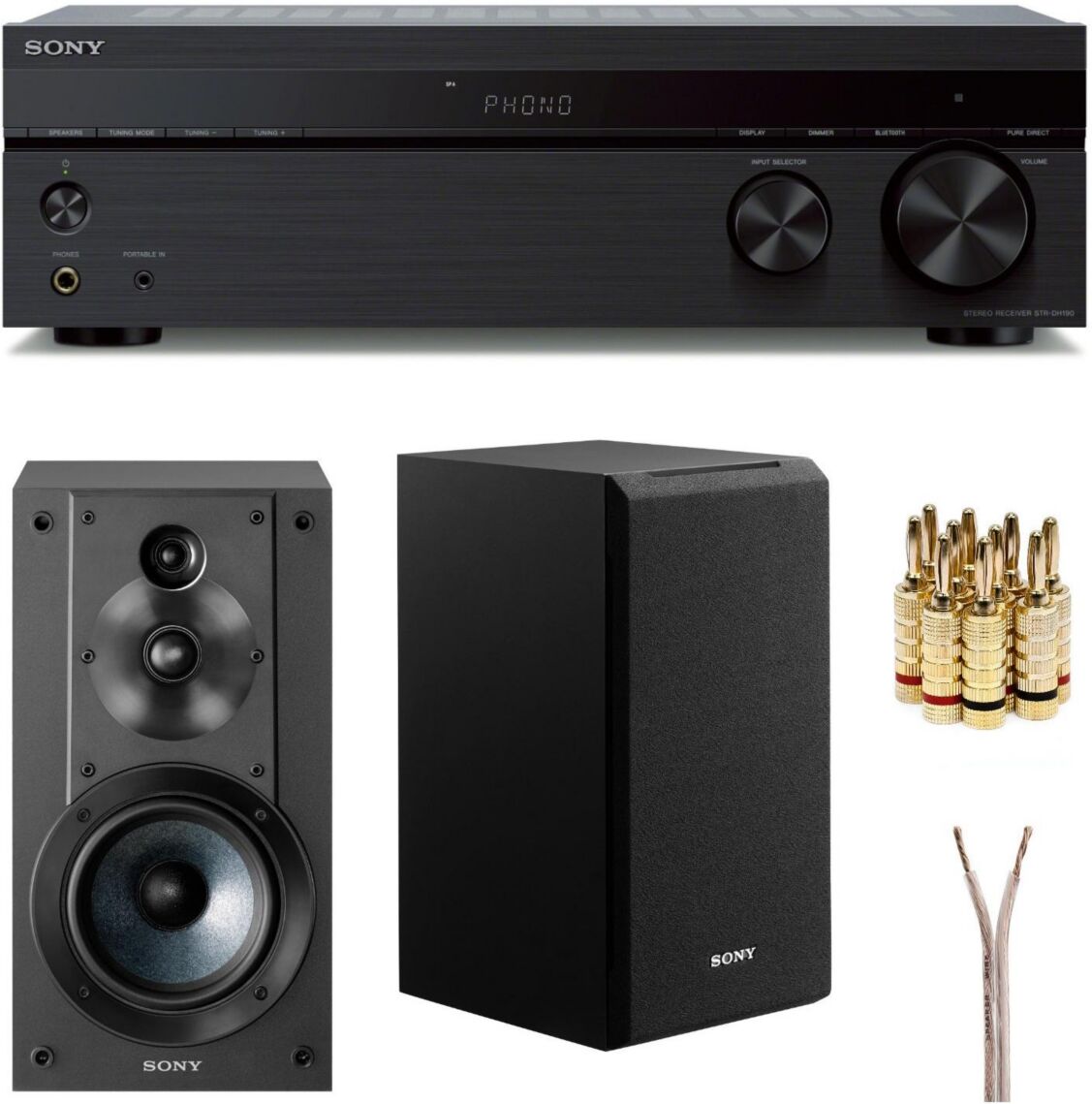 Sony 2 Channel Stereo Receiver with Sony 3-Way 3-Driver Speaker System Bundle - Black