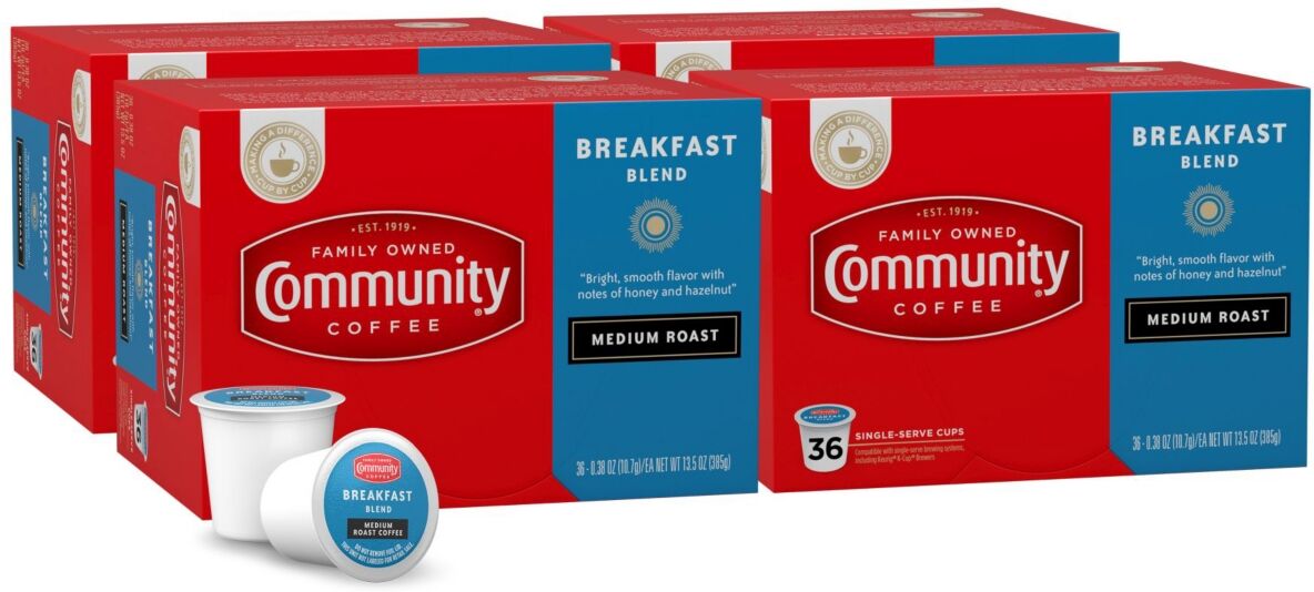 Community Coffee Breakfast Blend Medium Roast Single Serve Pods, Keurig K-Cup Brewer Compatible, 144 Ct