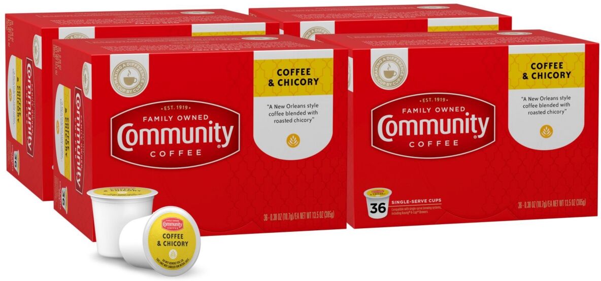 Community Coffee Coffee and Chicory Medium-Dark Roast Single Serve Pods, Keurig K-Cup Brewer Compatible, 144 Ct